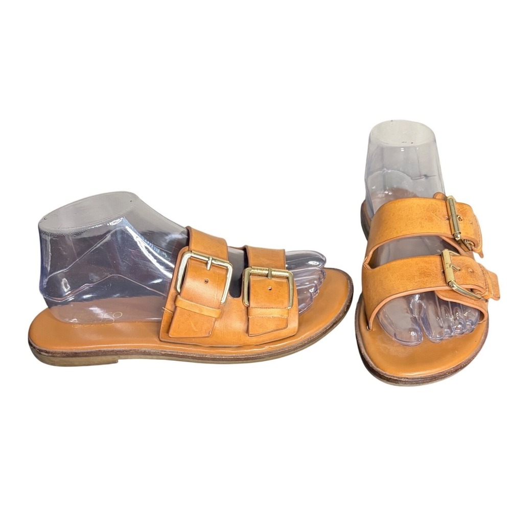 Franco Sarto Tan Leather Karina Slide Sandals Excellent Double Buckle Womens 8M